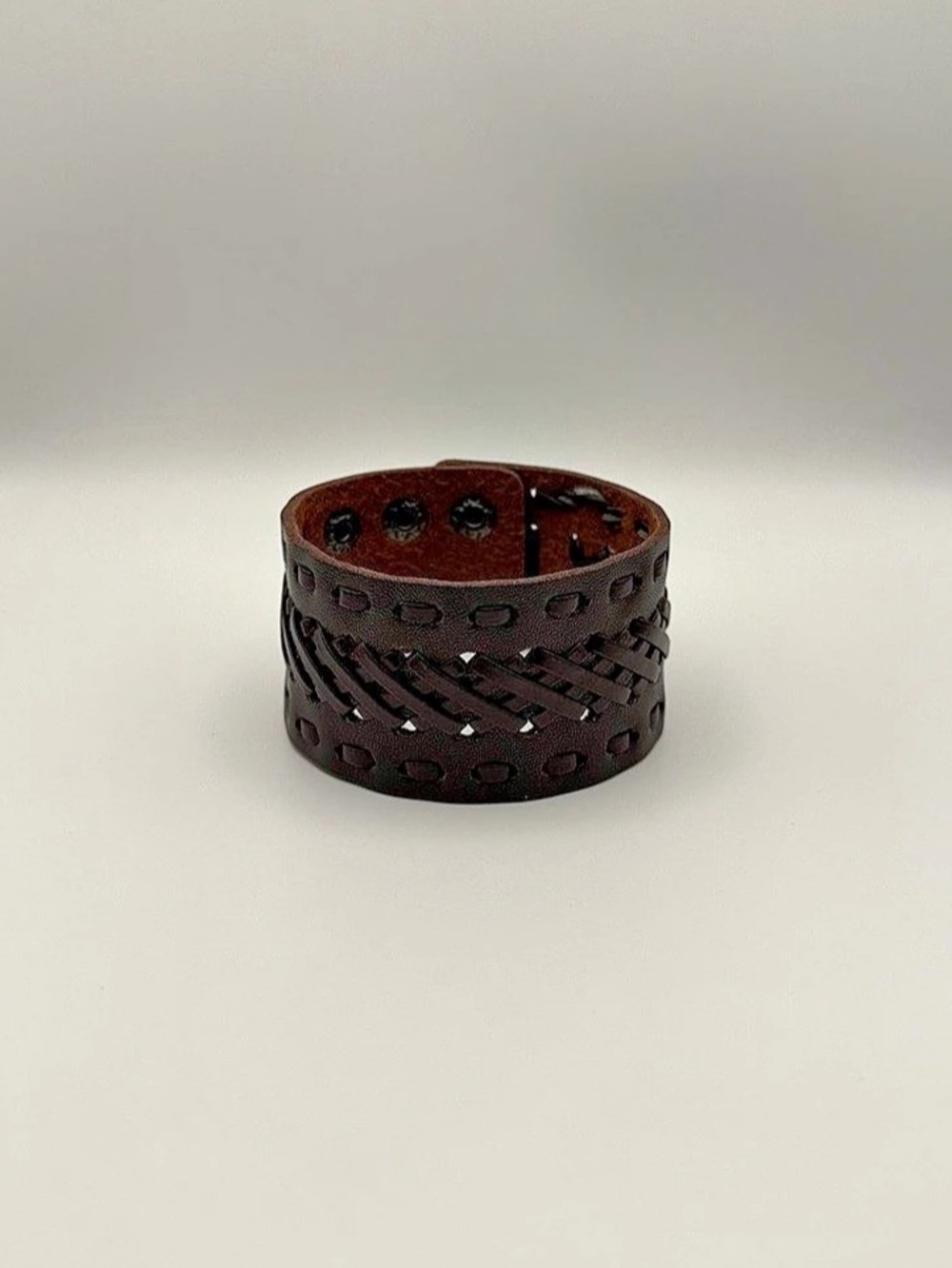 Dark Brown Wide Leather Cuff Bracelet Braided Adjustable Snap Boho Wristband